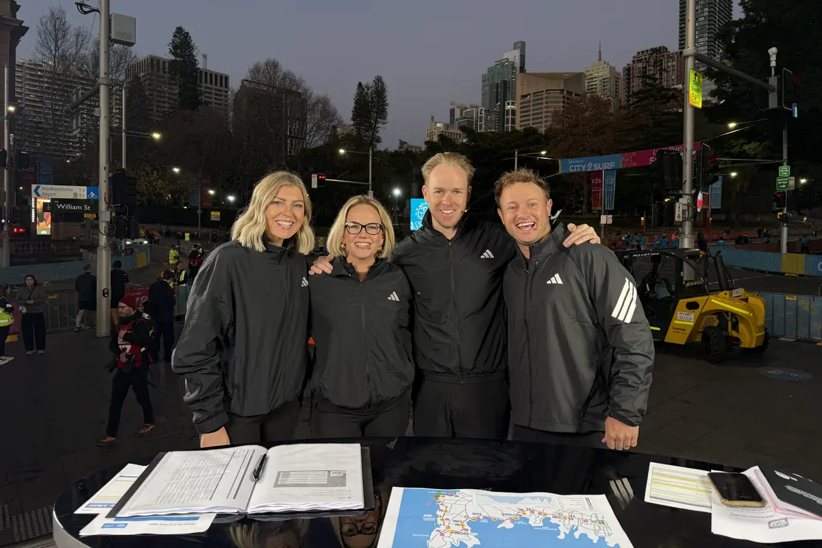 Matty Abel with the Nine broadcast team at the City2Surf start line in Hyde Park, Sydney